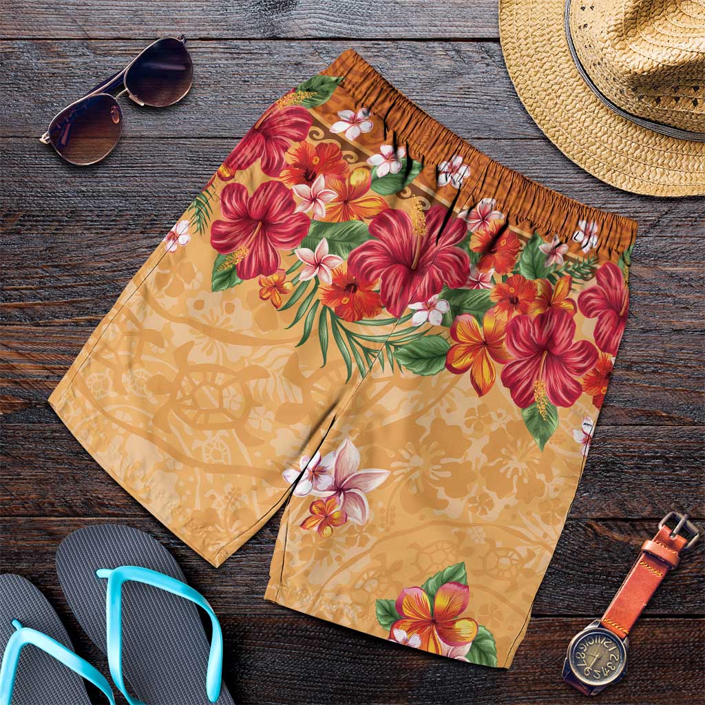 Hawaii Hibiscus Shorts for Men Turtles Tribal Motifs Vintage Floral Style LT03 Yellow - Polynesian Pride