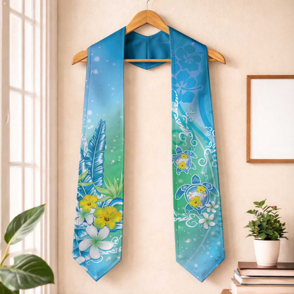 Hawaii Honu Graduation Stole Tropical Flowers Blue Gradient LT05 One Size Blue - Polynesian Pride