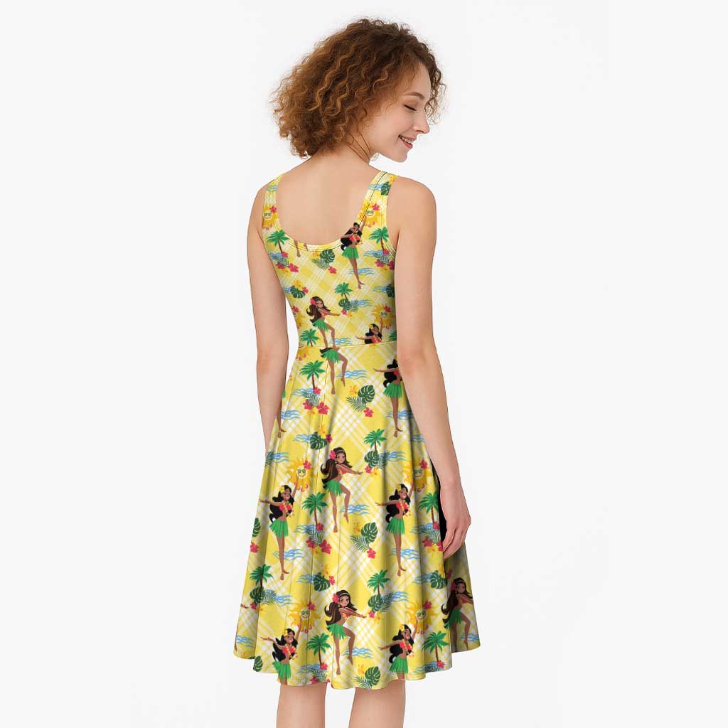 Hawaii Hula Girl Tropical Midi Dress Yellow Palaka