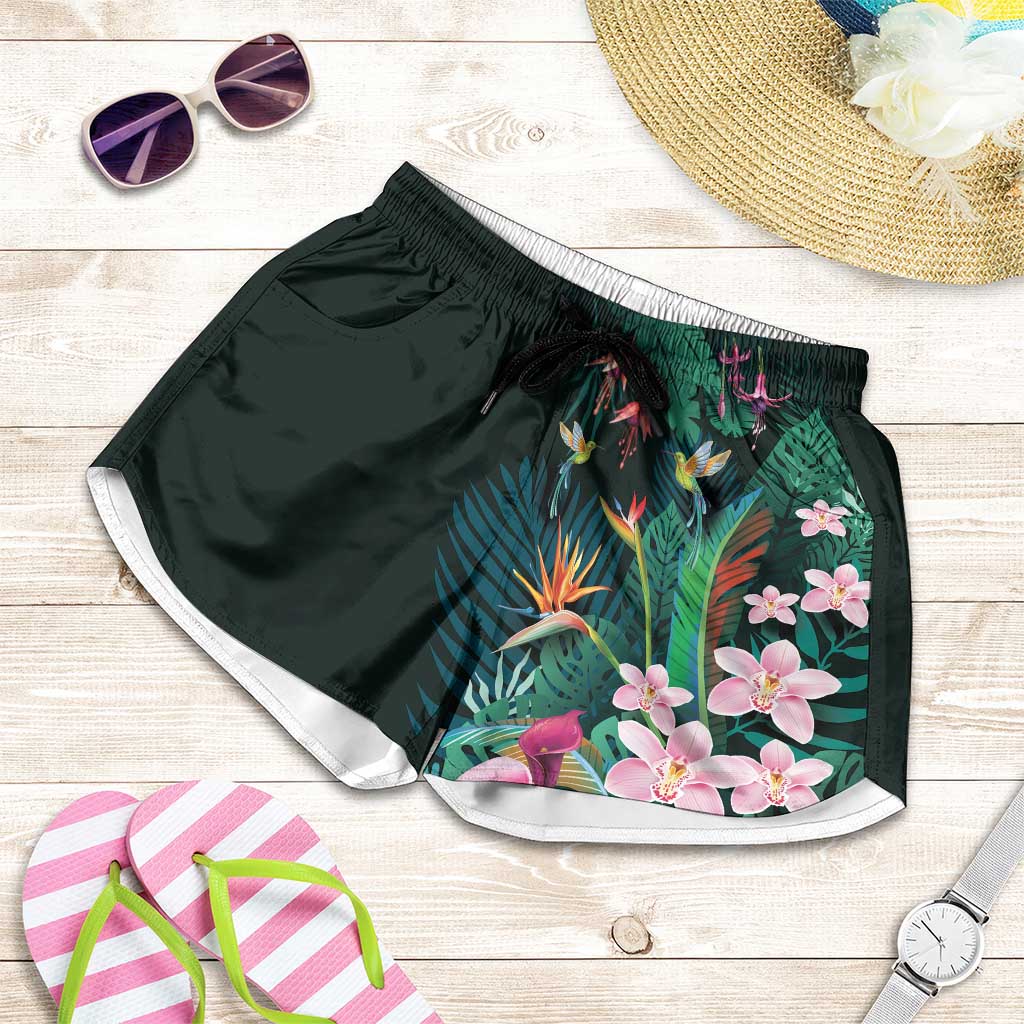 Hawaii Hummingbird Tropical Flowers Shorts for Women Dark Green LT01 Green - Polynesian Pride