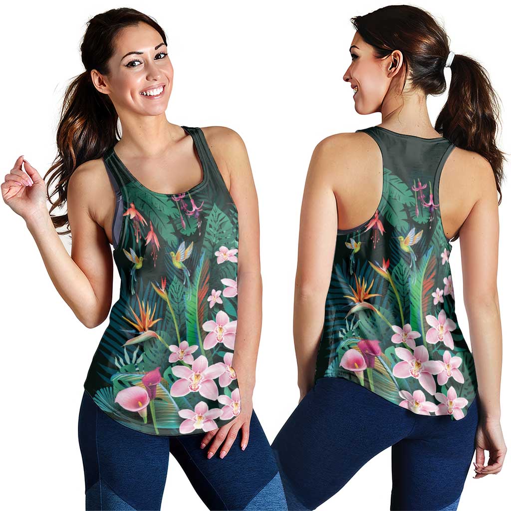 Hawaii Hummingbird Tropical Flowers Women Racerback Tank Dark Green