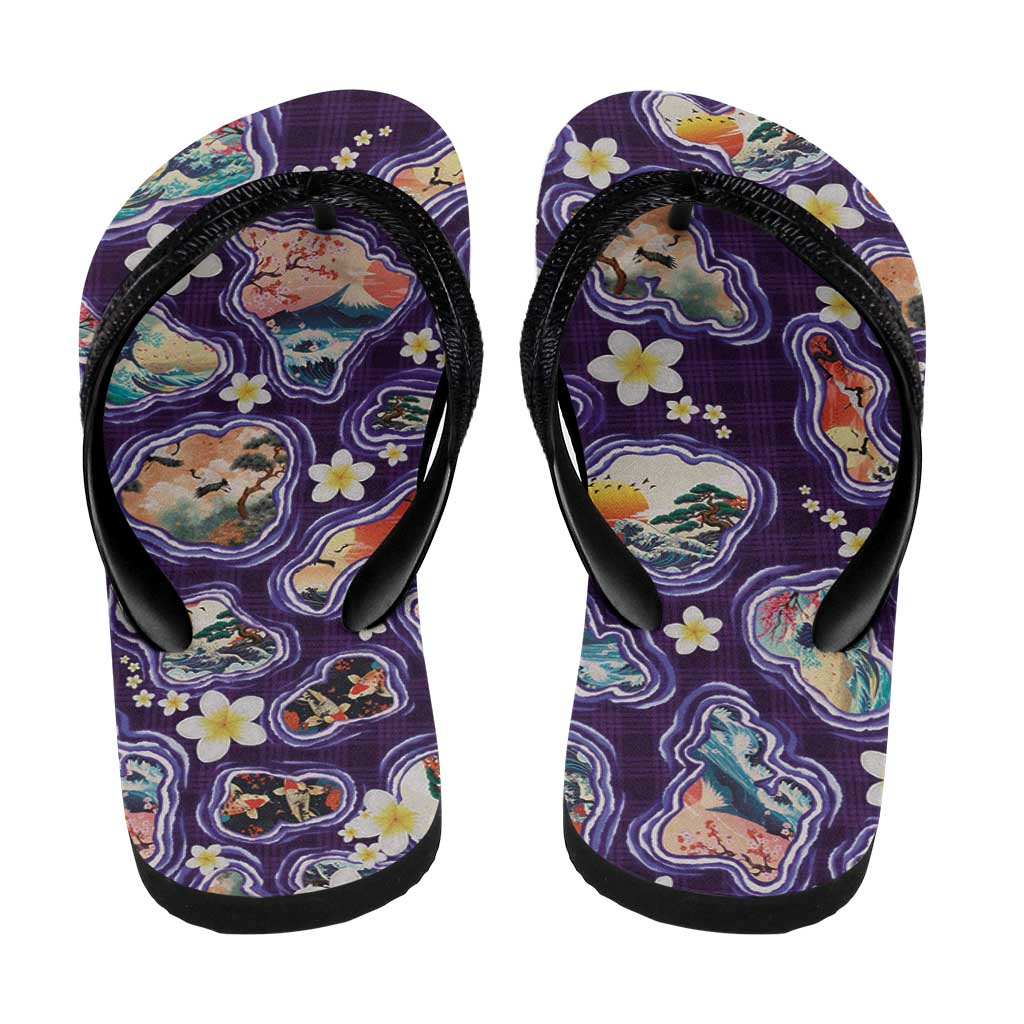 Hawaii Islands Map Design with Japanese Landscape Flip Flops Hawaiian Japan Fusion Art Purple Color LT03 - Polynesian Pride