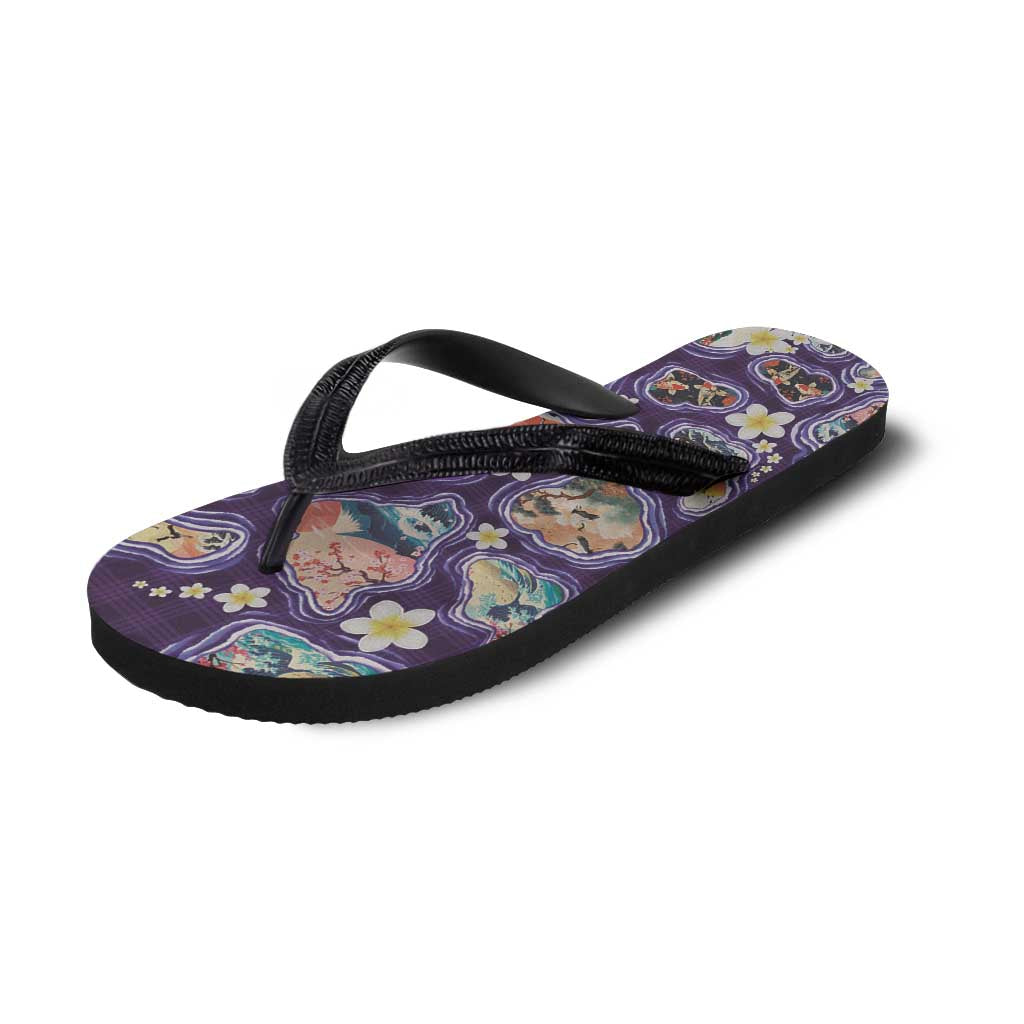 Hawaii Islands Map Design with Japanese Landscape Flip Flops Hawaiian Japan Fusion Art Purple Color LT03 - Polynesian Pride