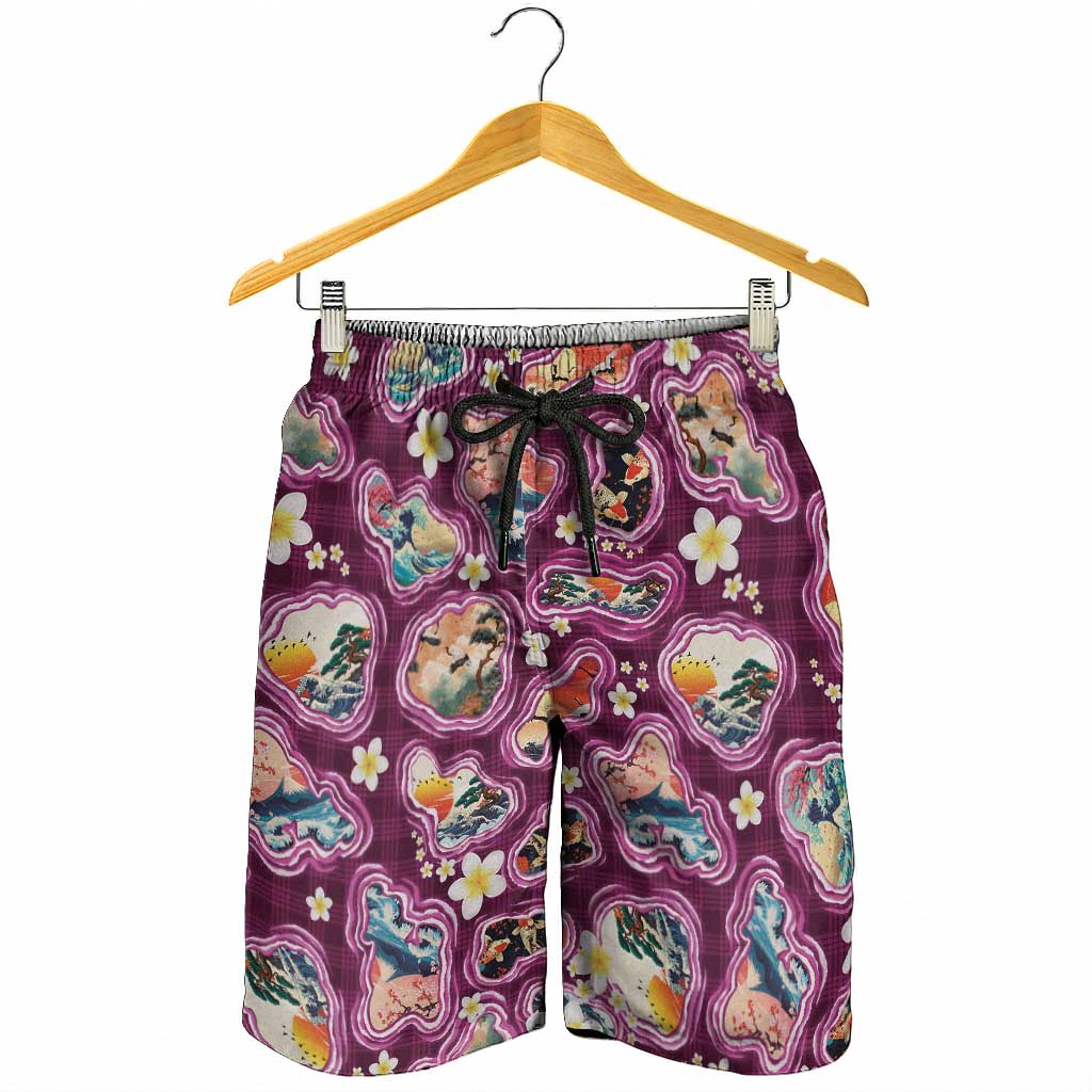 Hawaii Islands Map Design with Japanese Landscape Shorts for Men Hawaiian Japan Fusion Art Pink Color