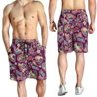 Hawaii Islands Map Design with Japanese Landscape Shorts for Men Hawaiian Japan Fusion Art Pink Color