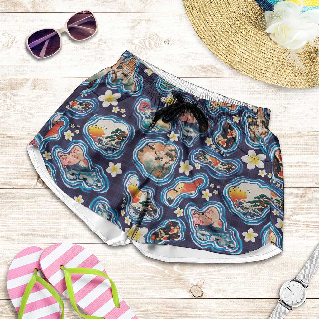 Hawaii Islands Map Design with Japanese Landscape Shorts for Women Hawaiian Japan Fusion Art Navy Color