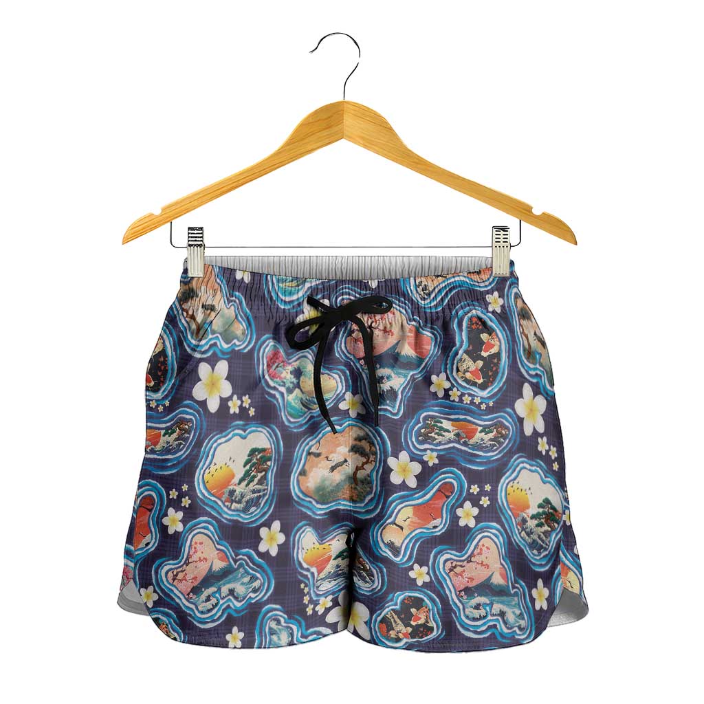 Hawaii Islands Map Design with Japanese Landscape Shorts for Women Hawaiian Japan Fusion Art Navy Color