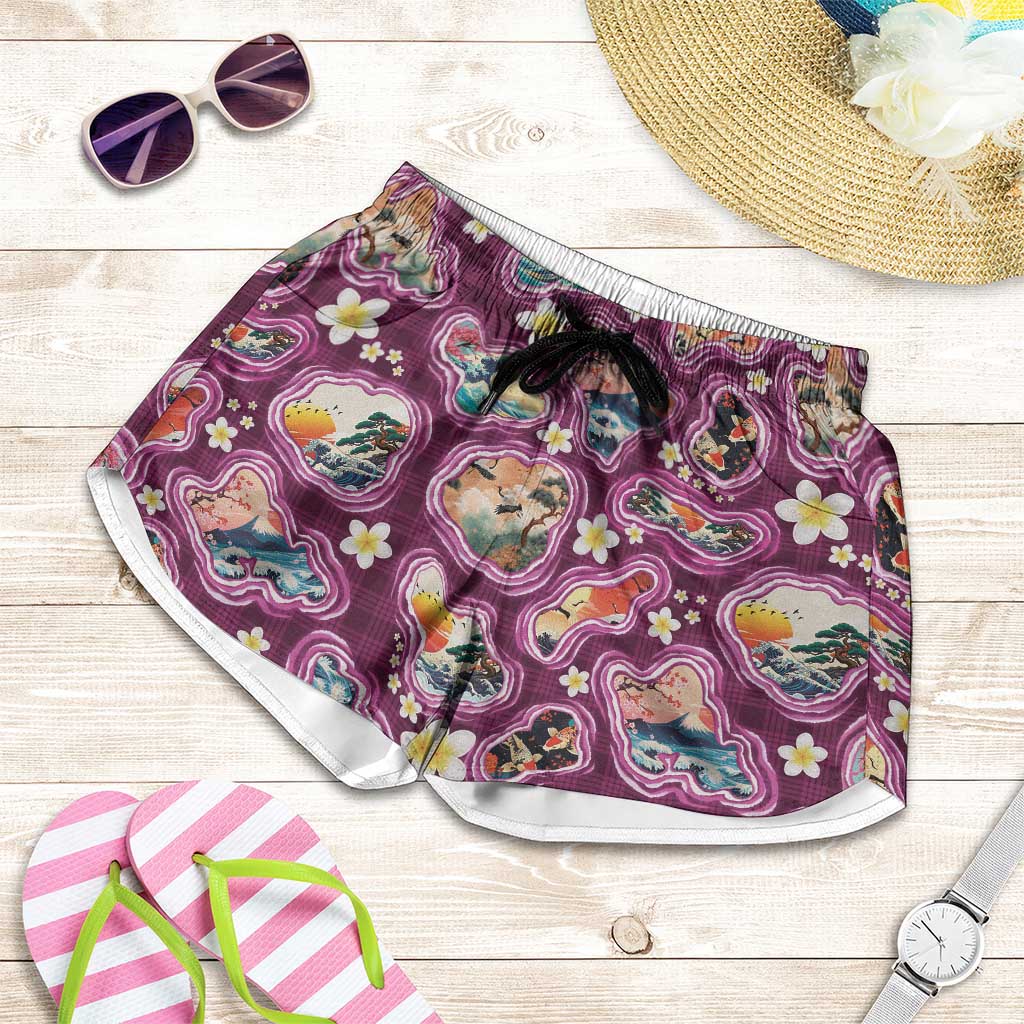 Hawaii Islands Map Design with Japanese Landscape Shorts for Women Hawaiian Japan Fusion Art Pink Color LT03 Pink - Polynesian Pride