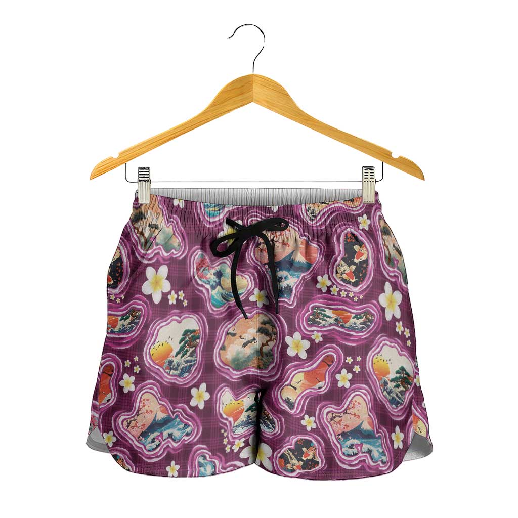 Hawaii Islands Map Design with Japanese Landscape Shorts for Women Hawaiian Japan Fusion Art Pink Color