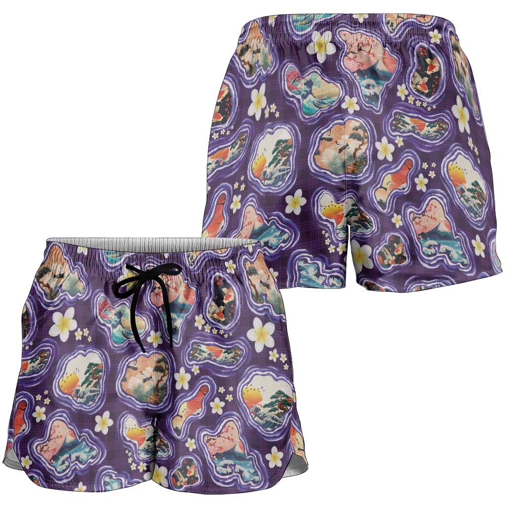 Hawaii Islands Map Design with Japanese Landscape Shorts for Women Hawaiian Japan Fusion Art Purple Color