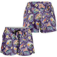 Hawaii Islands Map Design with Japanese Landscape Shorts for Women Hawaiian Japan Fusion Art Purple Color