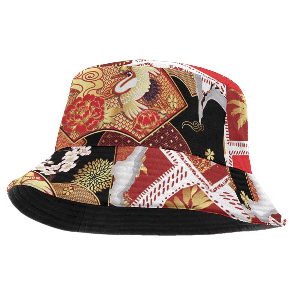 Hawaii Japanese Culture Black Bucket Hat Spring Cranes Aloha Pattern LT01 One Size Black - Polynesian Pride
