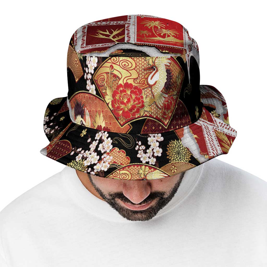 Hawaii Japanese Culture Black Bucket Hat Spring Cranes Aloha Pattern LT01 - Polynesian Pride
