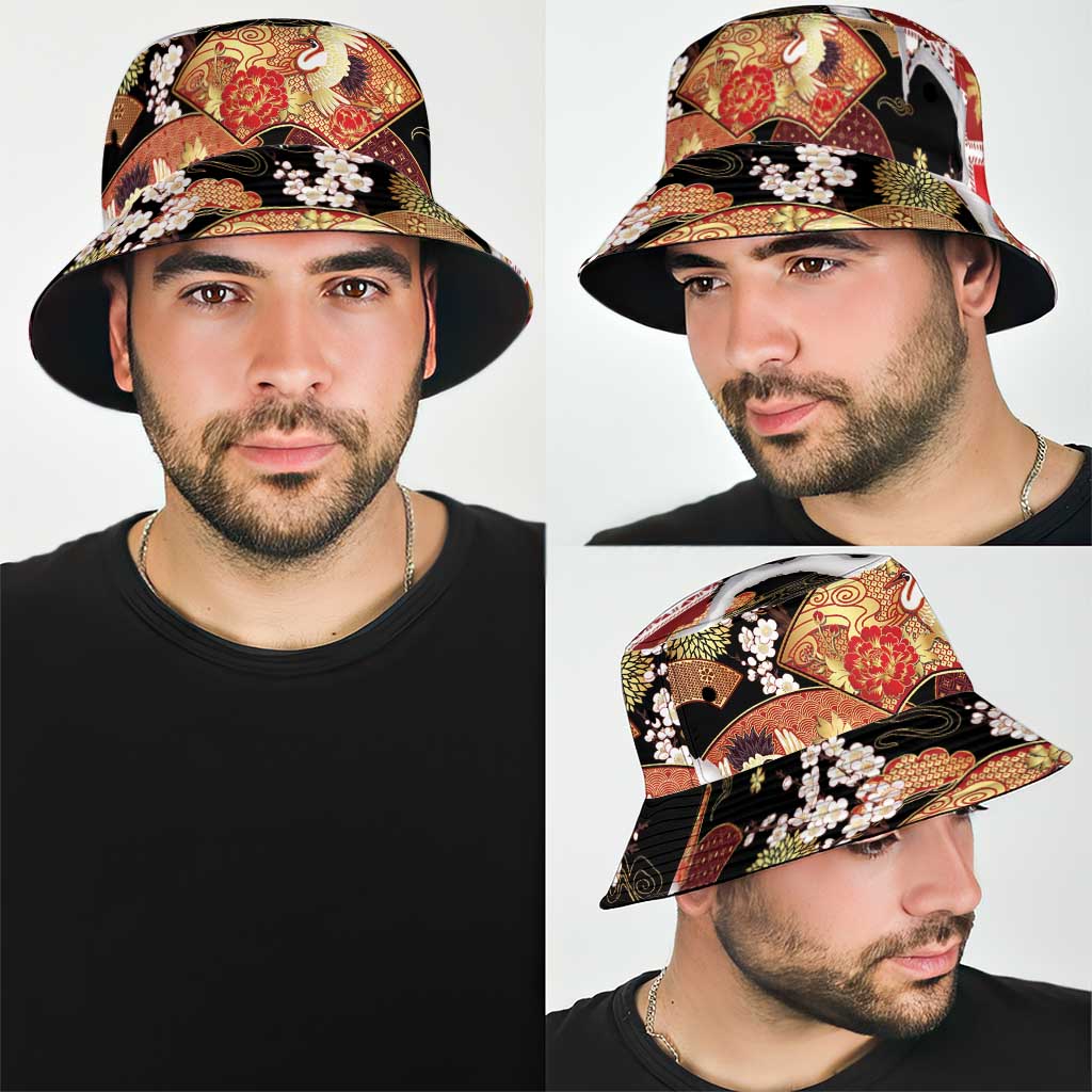 Hawaii Japanese Culture Black Bucket Hat Spring Cranes Aloha Pattern LT01 - Polynesian Pride