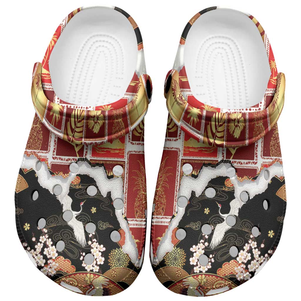 Hawaii Japanese Culture Black Clogs Shoes Spring Cranes Aloha Pattern LT01 Black - Polynesian Pride