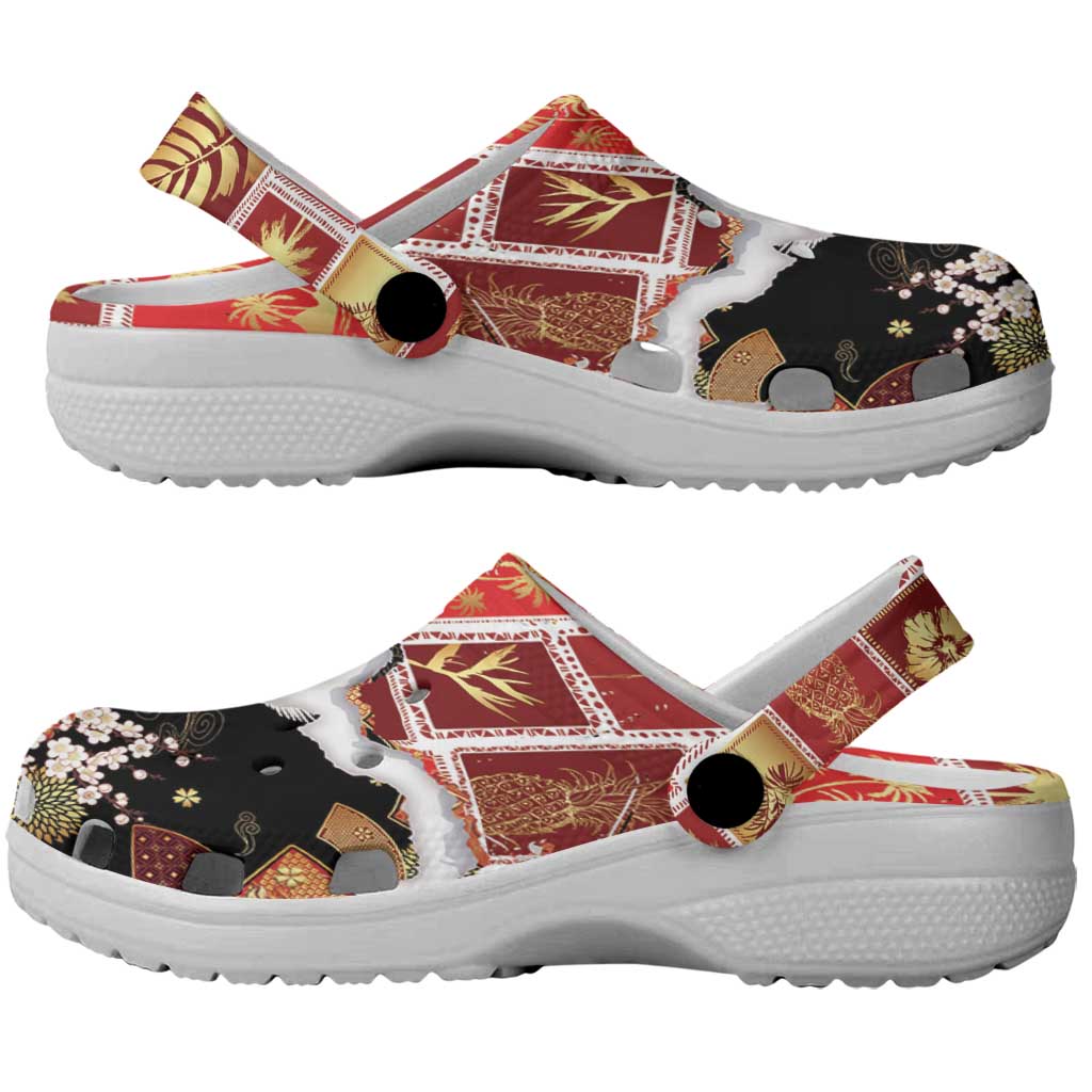 Hawaii Japanese Culture Black Clogs Shoes Spring Cranes Aloha Pattern LT01 - Polynesian Pride
