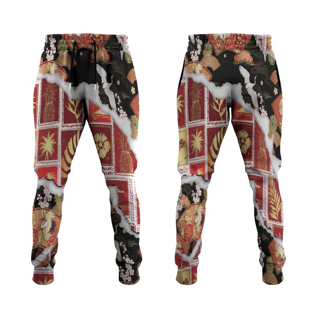 Hawaii Japanese Culture Black Jogger Pants Spring Cranes Aloha Pattern LT01 Black - Polynesian Pride