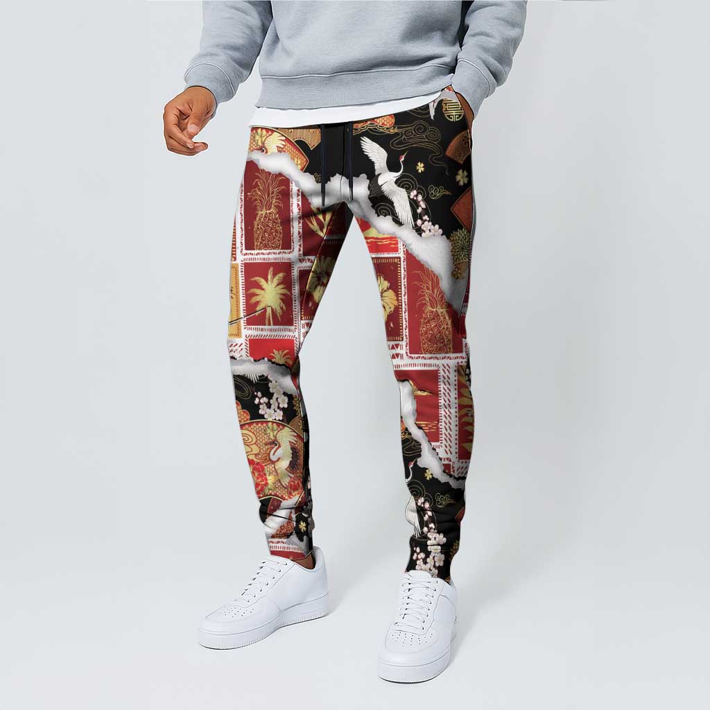 Hawaii Japanese Culture Black Jogger Pants Spring Cranes Aloha Pattern LT01 - Polynesian Pride