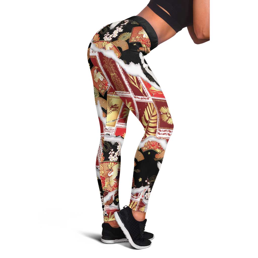 Hawaii Japanese Culture Black Leggings Spring Cranes Aloha Pattern LT01 - Polynesian Pride