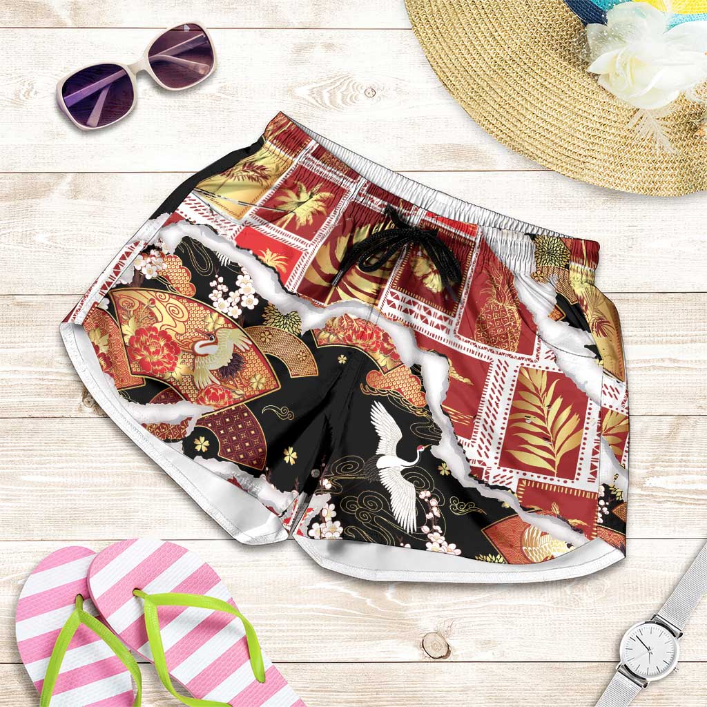 Hawaii Japanese Culture Black Shorts for Women Spring Cranes Aloha Pattern LT01 Black - Polynesian Pride