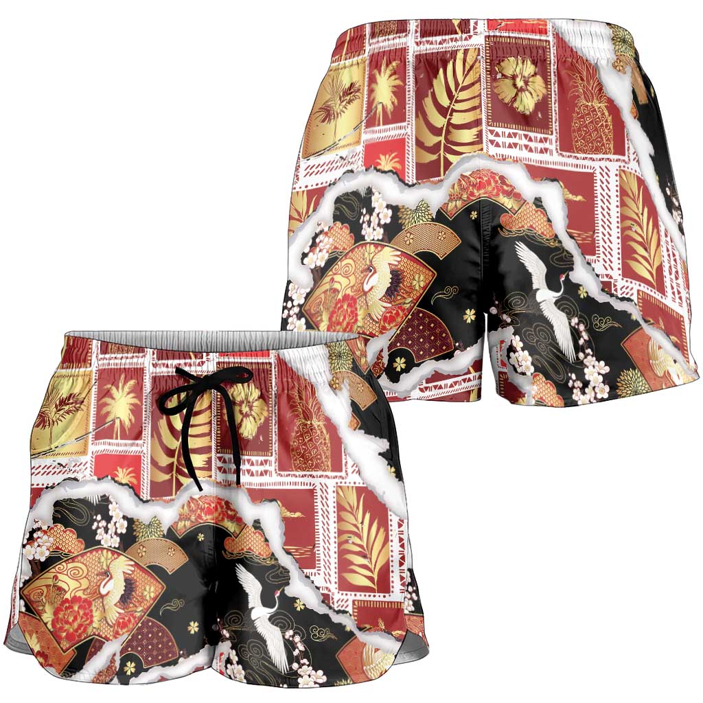 Hawaii Japanese Culture Black Shorts for Women Spring Cranes Aloha Pattern LT01 - Polynesian Pride