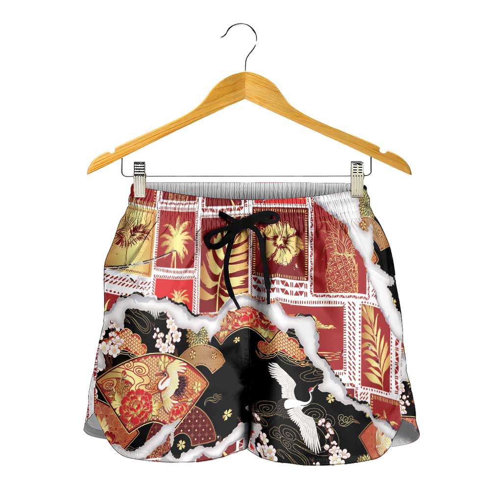 Hawaii Japanese Culture Black Shorts for Women Spring Cranes Aloha Pattern LT01 - Polynesian Pride