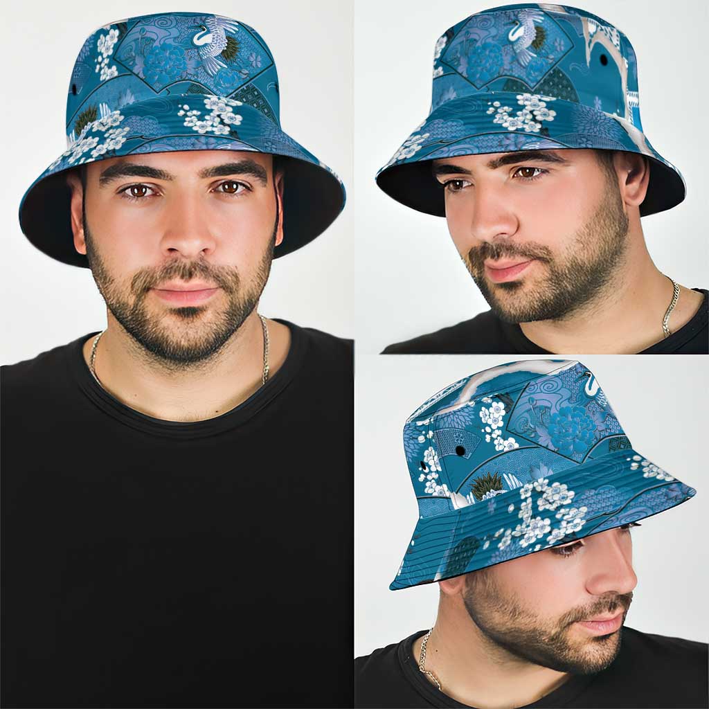 Hawaii Japanese Culture Blue Bucket Hat Spring Cranes Aloha Pattern