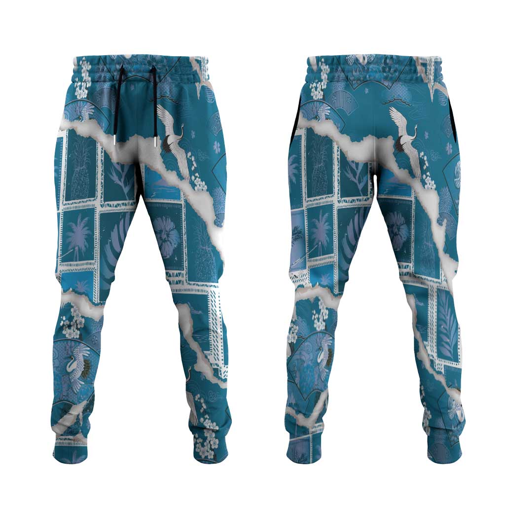 Hawaii Japanese Culture Blue Jogger Pants Spring Cranes Aloha Pattern LT01 Blue - Polynesian Pride