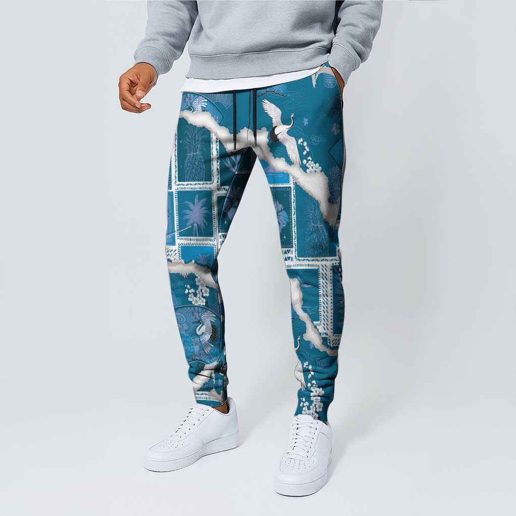 Hawaii Japanese Culture Blue Jogger Pants Spring Cranes Aloha Pattern LT01 - Polynesian Pride