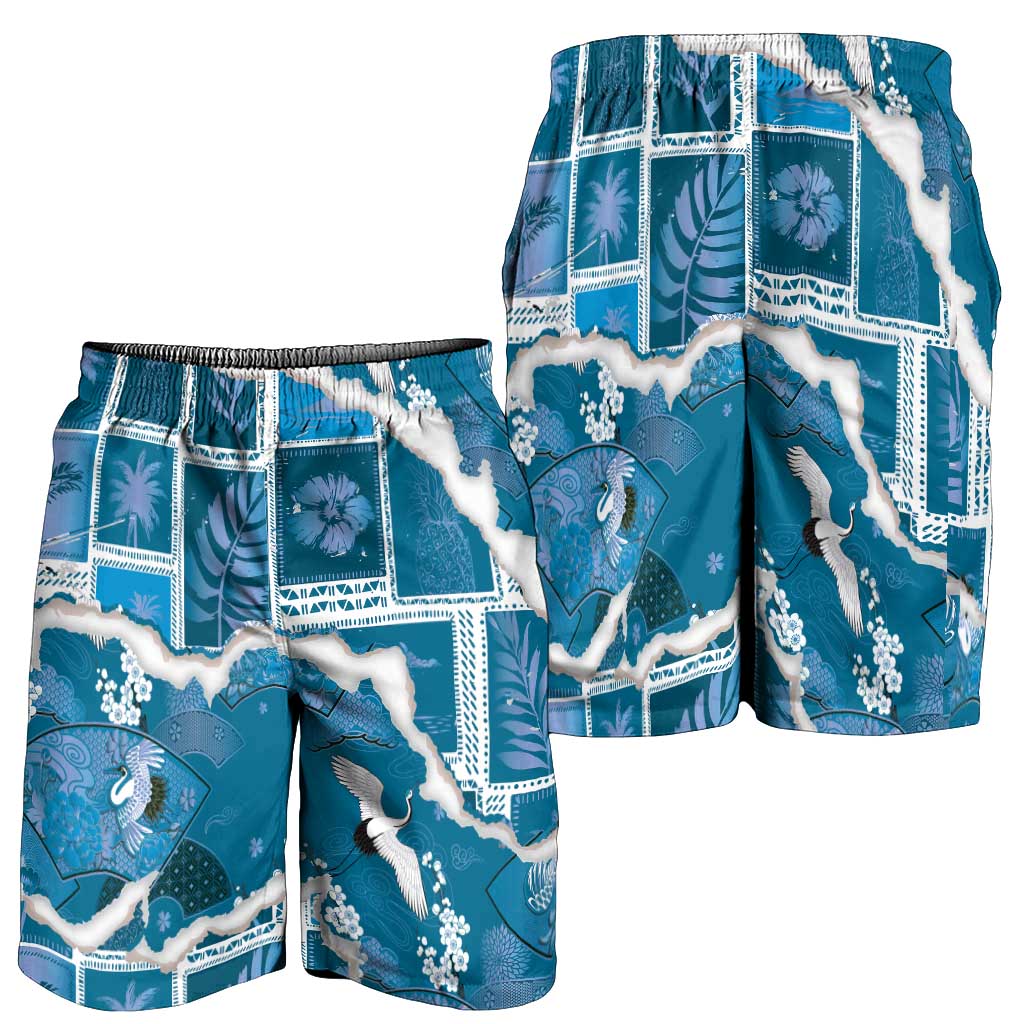 Hawaii Japanese Culture Blue Shorts for Men Spring Cranes Aloha Pattern