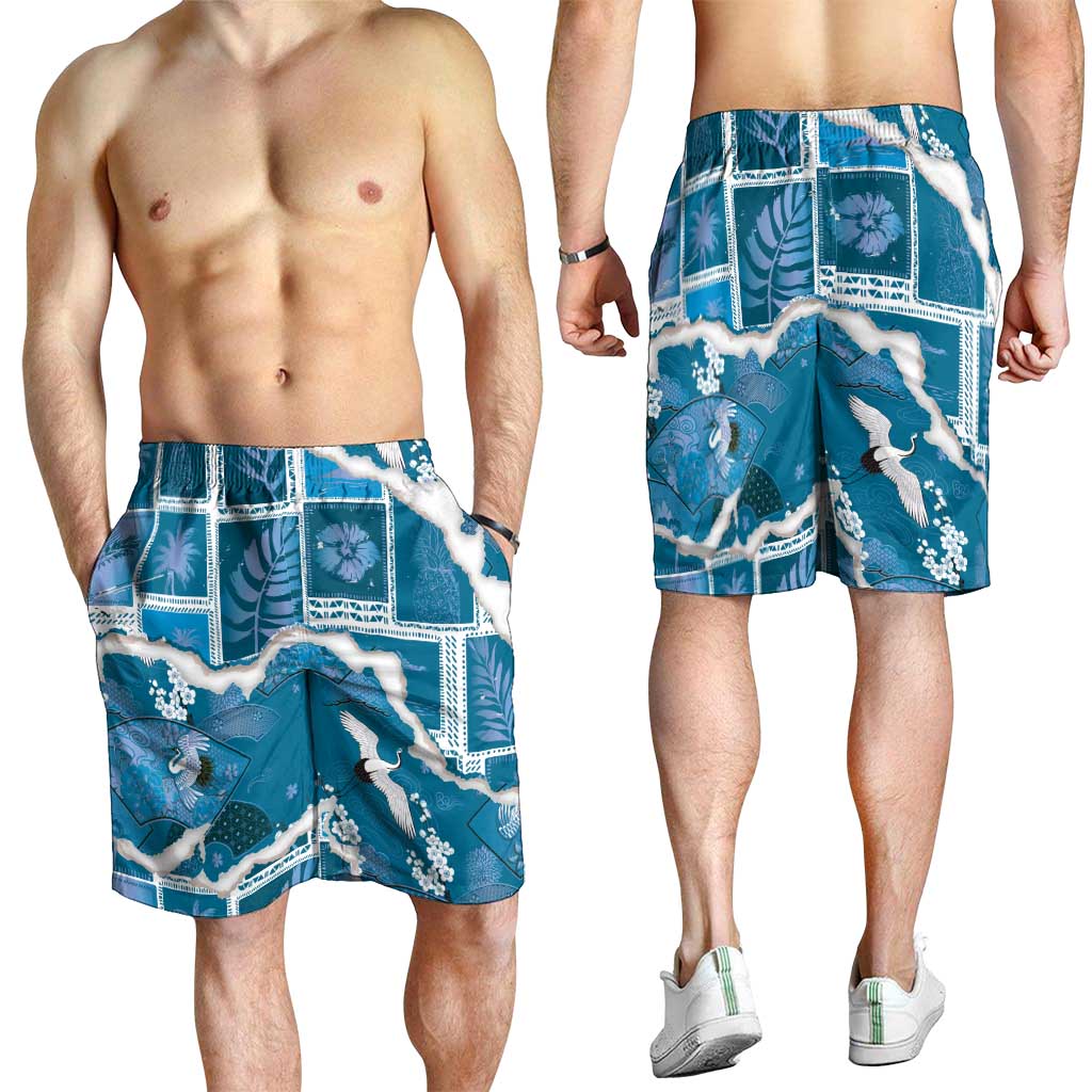 Hawaii Japanese Culture Blue Shorts for Men Spring Cranes Aloha Pattern