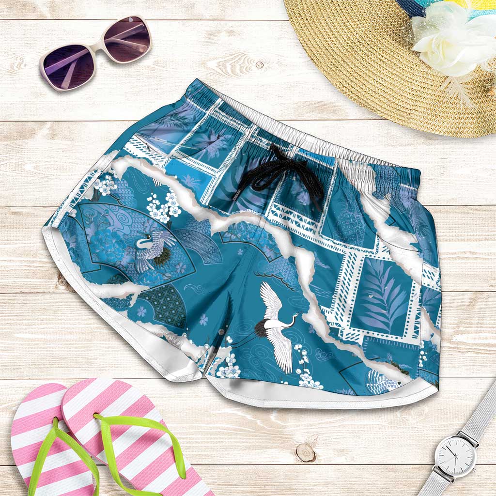 Hawaii Japanese Culture Blue Shorts for Women Spring Cranes Aloha Pattern LT01 Blue - Polynesian Pride