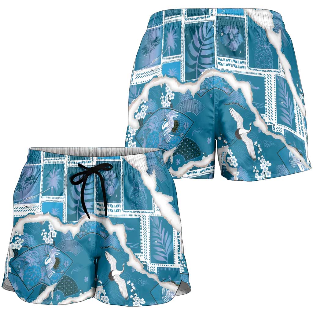 Hawaii Japanese Culture Blue Shorts for Women Spring Cranes Aloha Pattern LT01 - Polynesian Pride