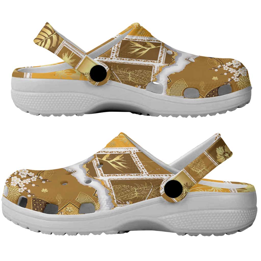 Hawaii Japanese Culture Gold Clogs Shoes Spring Cranes Aloha Pattern LT01 - Polynesian Pride