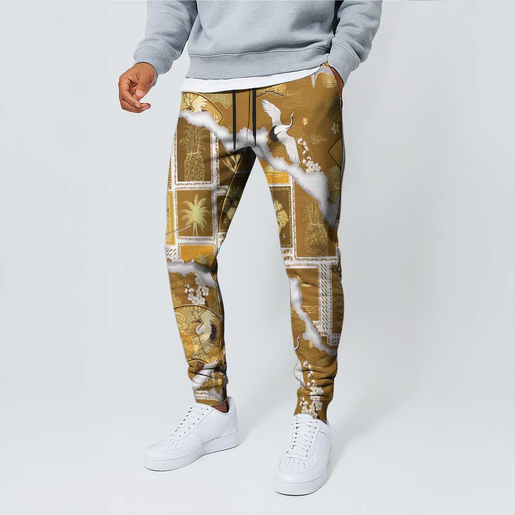 Hawaii Japanese Culture Gold Jogger Pants Spring Cranes Aloha Pattern LT01 - Polynesian Pride