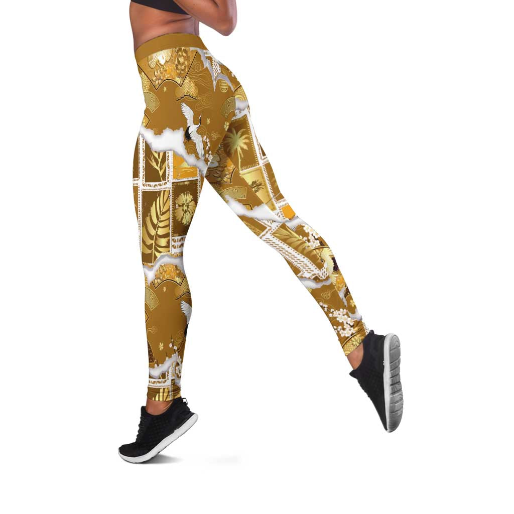 Hawaii Japanese Culture Gold Leggings Spring Cranes Aloha Pattern