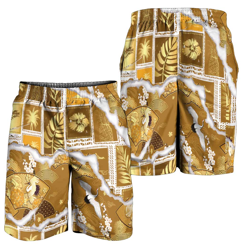 Hawaii Japanese Culture Gold Shorts for Men Spring Cranes Aloha Pattern