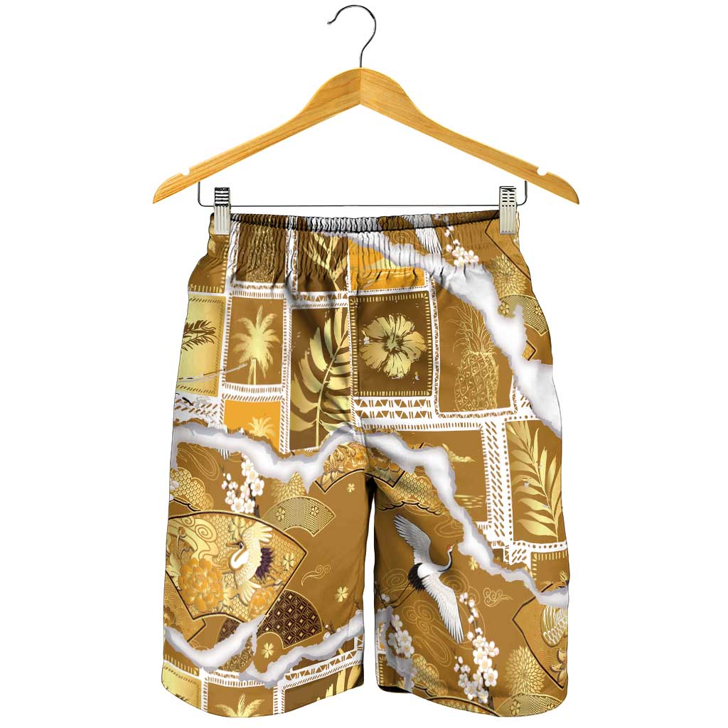 Hawaii Japanese Culture Gold Shorts for Men Spring Cranes Aloha Pattern