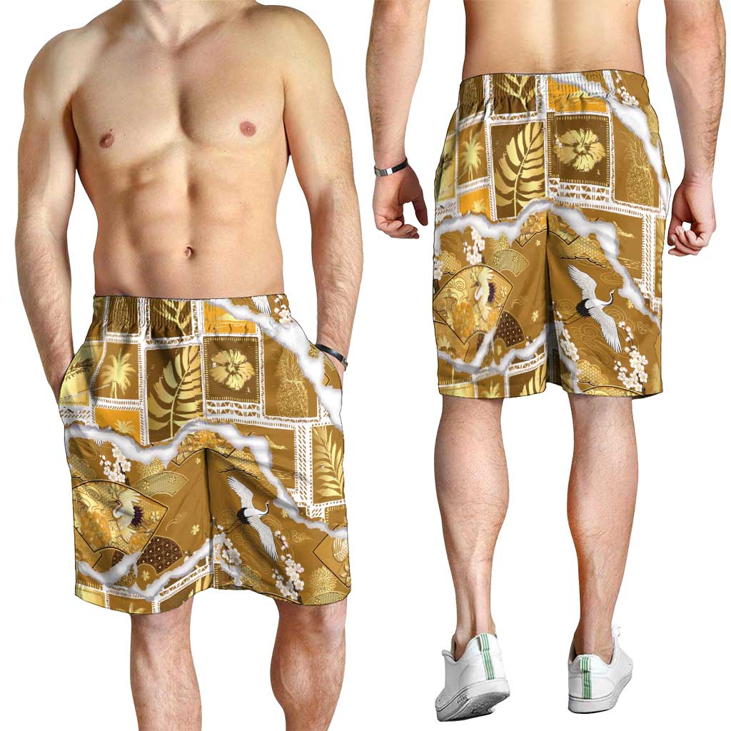 Hawaii Japanese Culture Gold Shorts for Men Spring Cranes Aloha Pattern