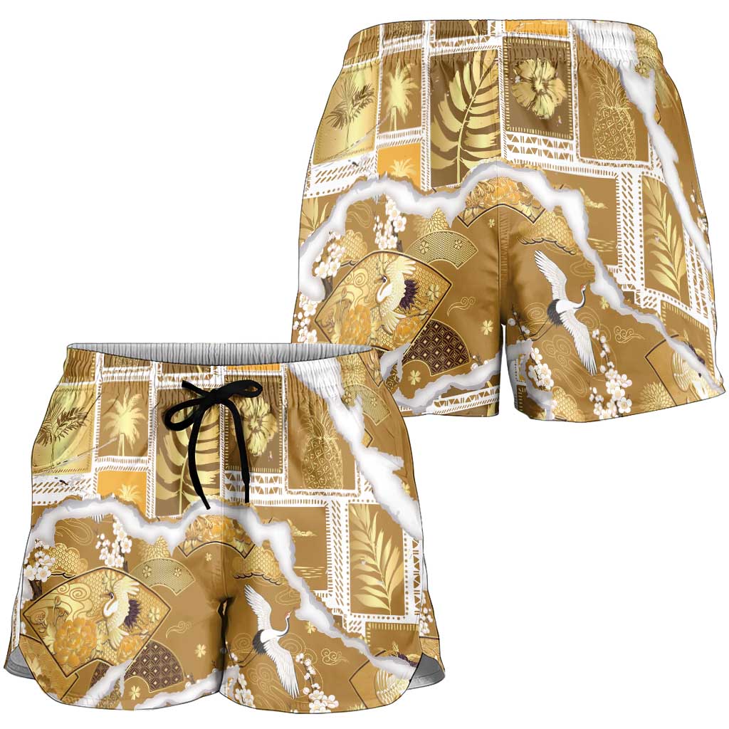 Hawaii Japanese Culture Gold Shorts for Women Spring Cranes Aloha Pattern