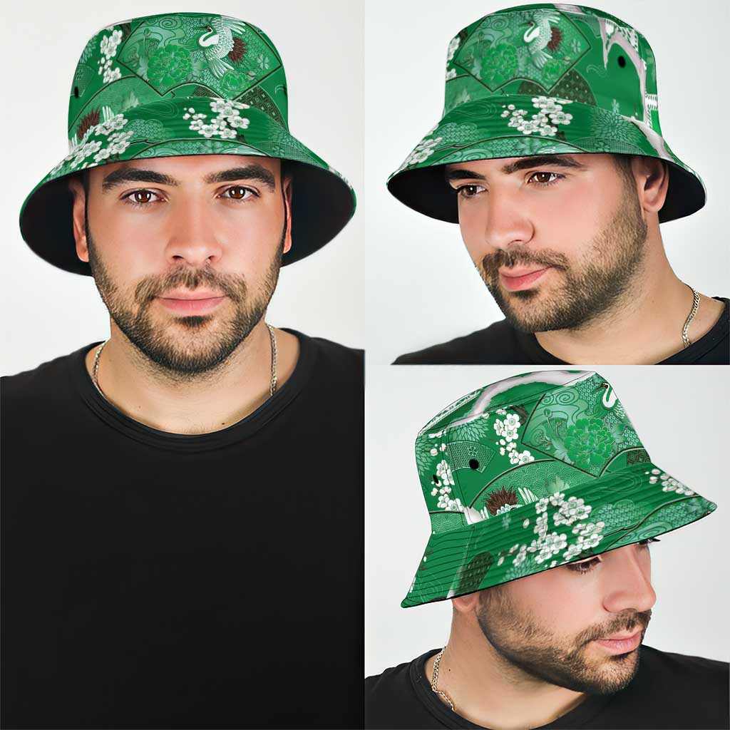 Hawaii Japanese Culture Green Bucket Hat Spring Cranes Aloha Pattern LT01 - Polynesian Pride