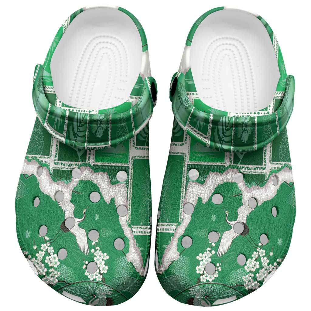 Hawaii Japanese Culture Green Clogs Shoes Spring Cranes Aloha Pattern LT01 Green - Polynesian Pride