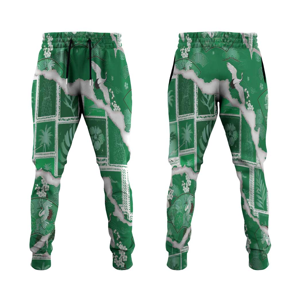 Hawaii Japanese Culture Green Jogger Pants Spring Cranes Aloha Pattern LT01 Green - Polynesian Pride