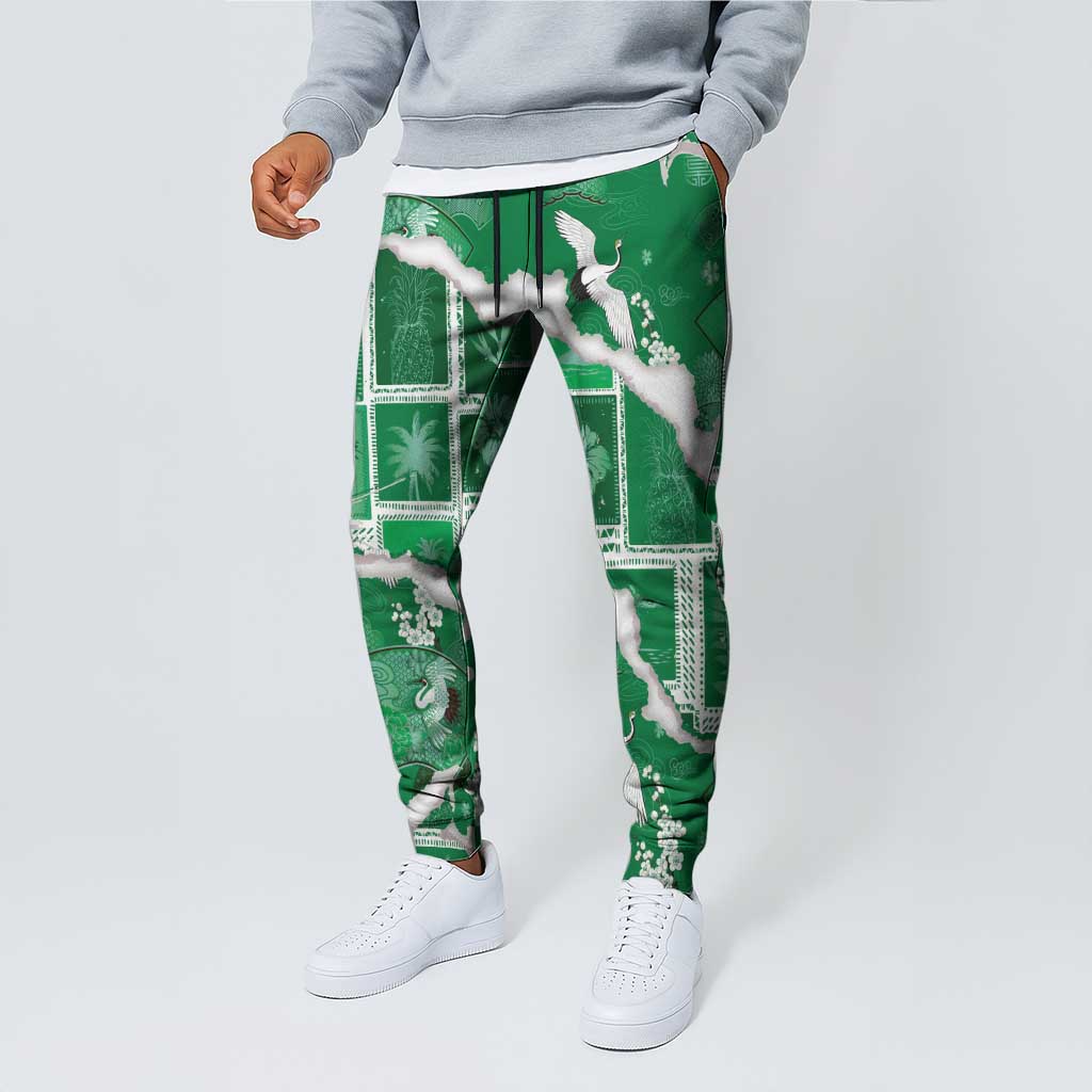 Hawaii Japanese Culture Green Jogger Pants Spring Cranes Aloha Pattern LT01 - Polynesian Pride