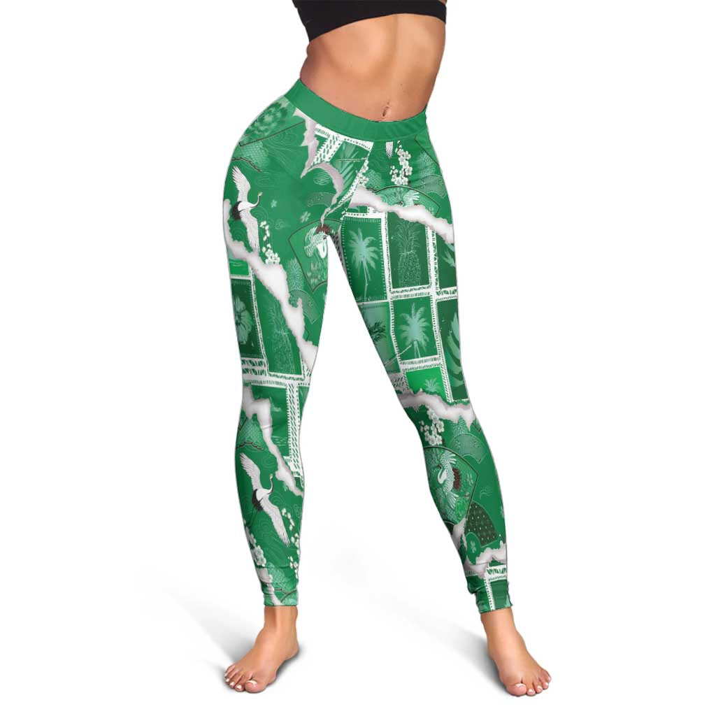 Hawaii Japanese Culture Green Leggings Spring Cranes Aloha Pattern LT01 - Polynesian Pride