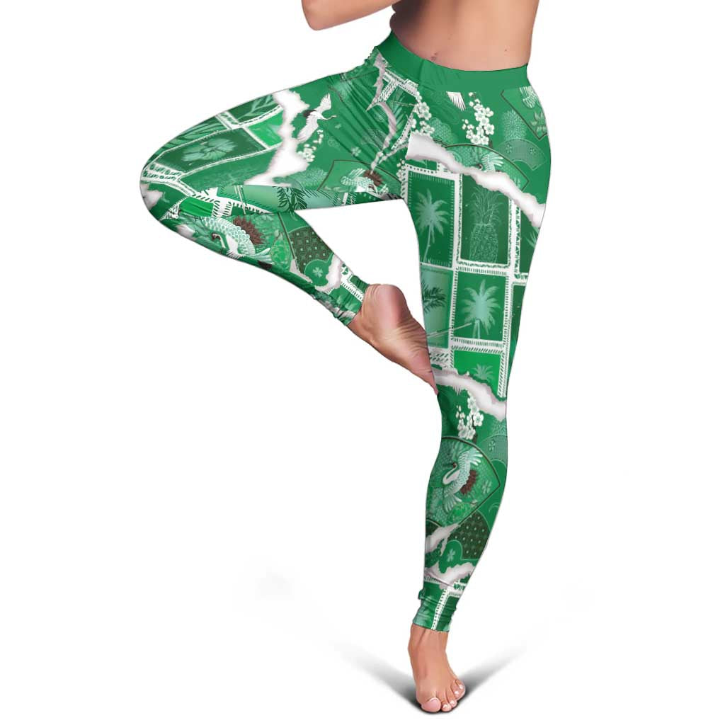 Hawaii Japanese Culture Green Leggings Spring Cranes Aloha Pattern LT01 - Polynesian Pride