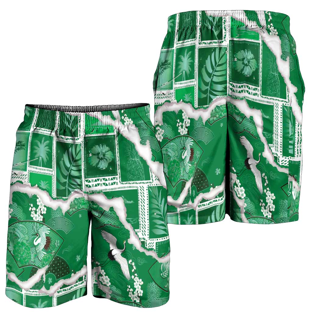 Hawaii Japanese Culture Green Shorts for Men Spring Cranes Aloha Pattern LT01 - Polynesian Pride