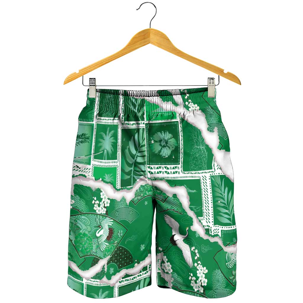 Hawaii Japanese Culture Green Shorts for Men Spring Cranes Aloha Pattern LT01 - Polynesian Pride