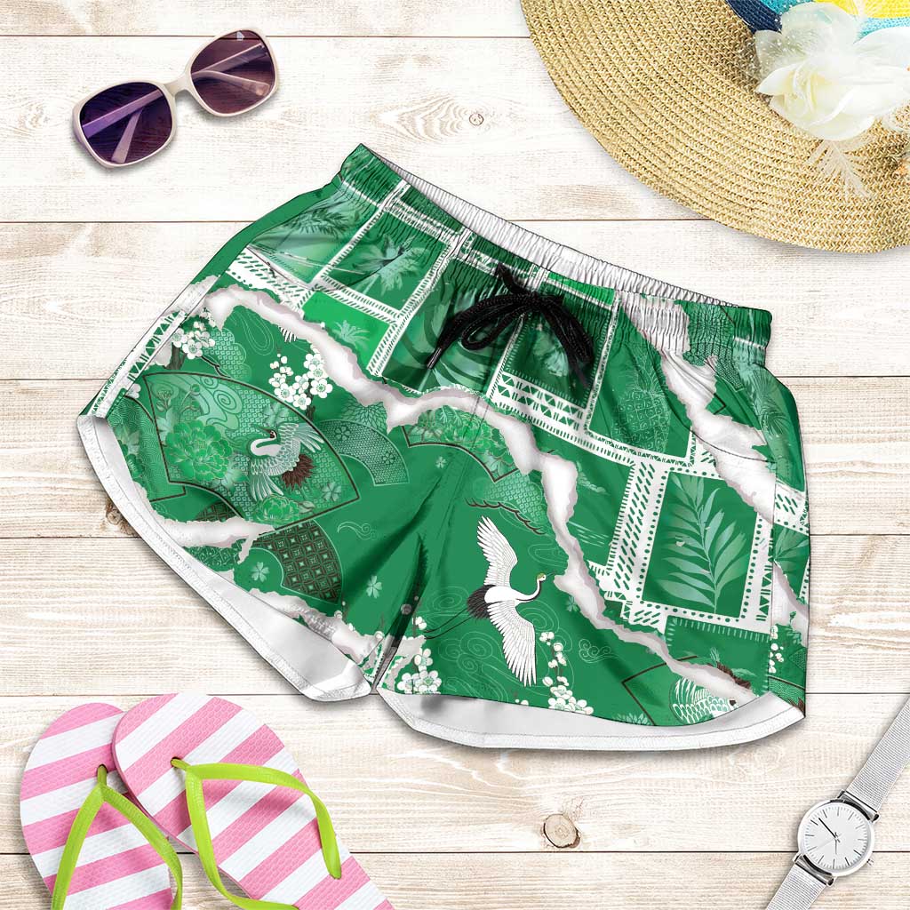 Hawaii Japanese Culture Green Shorts for Women Spring Cranes Aloha Pattern LT01 Green - Polynesian Pride