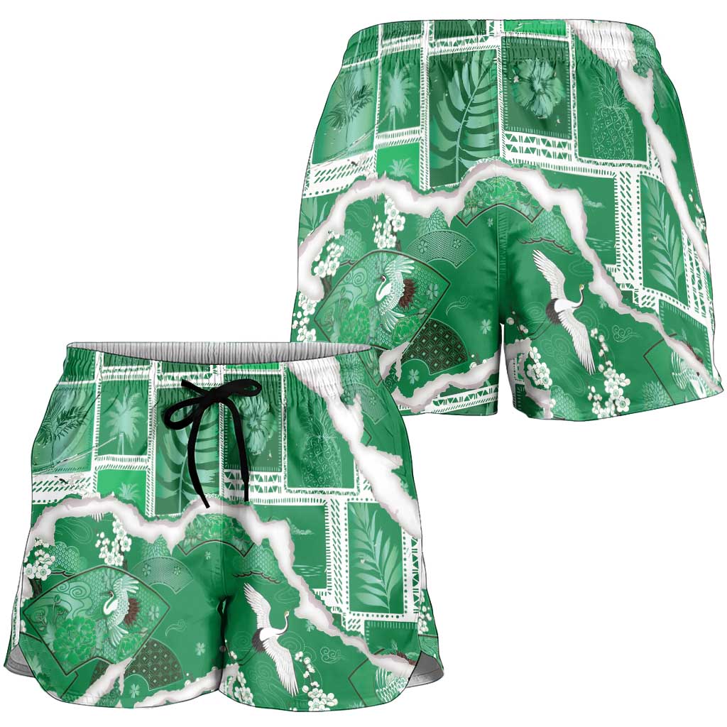 Hawaii Japanese Culture Green Shorts for Women Spring Cranes Aloha Pattern LT01 - Polynesian Pride